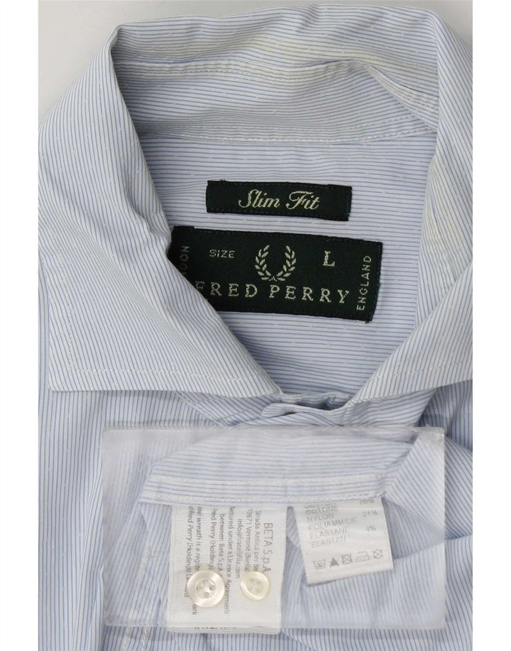 Fred Perry Mens Slim Fit Shirt Large Blue Pinstripe Cotton