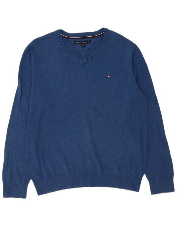 Tommy Hilfiger Herren-Pullover mit V-Ausschnitt, groß, aus blauer Baumwolle