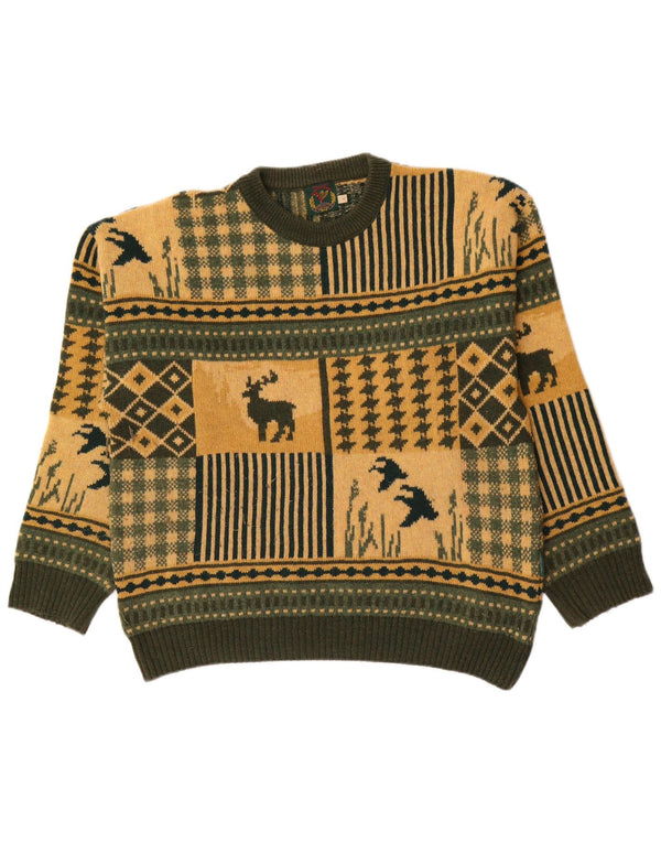 Gun Club Mens Novelty Fit Crew Neck Jumper Sweater Medium Green Fair Isle