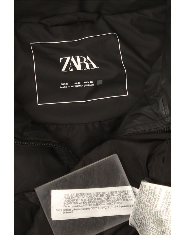 Zara Dame Hætte Ærmeløs Polstret Frakke UK 14 Medium Sort Polyester
