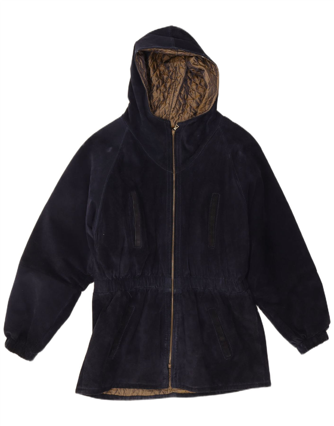 Michael Boris Womens Hooded Suede Windbreaker Coat IT 46 Large Navy Blue