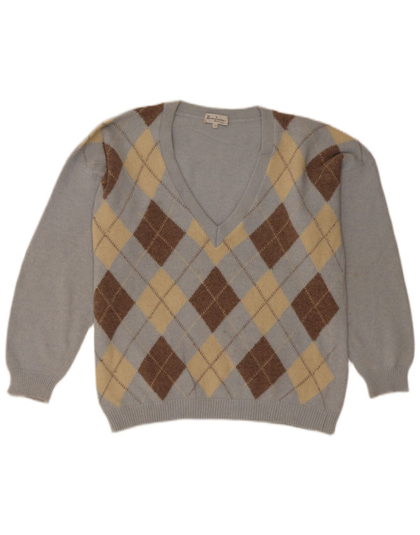 Sweter damski w stylu vintage z dekoltem w szpic UK 18 XL Niebieski Argyle/Diament