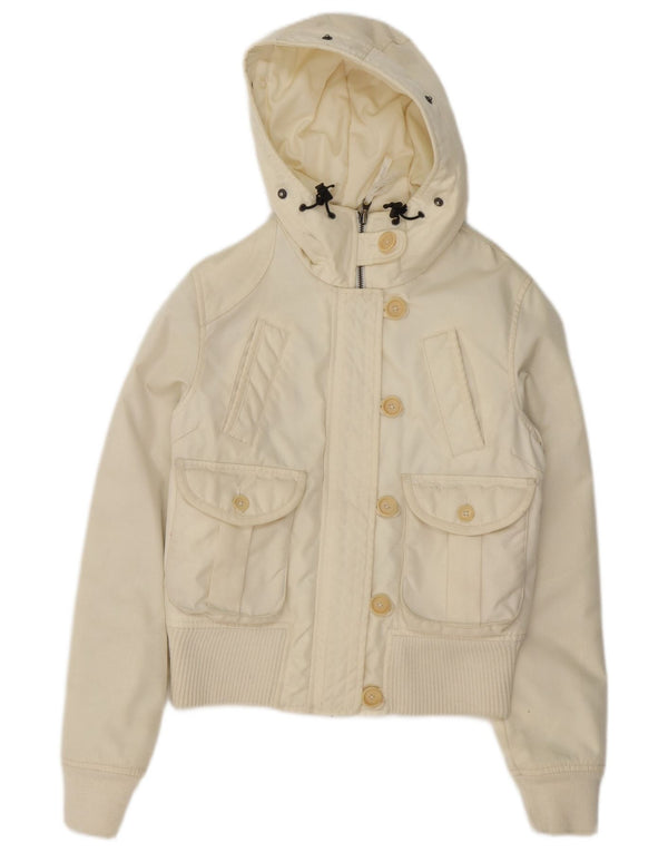 Woolrich Damen-Bomberjacke mit Kapuze, gepolstert, UK 14, Medium, gebrochenes weißes Nylon