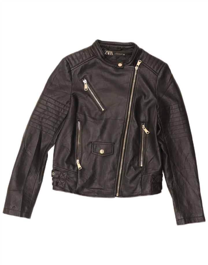 Zara Womens Crop Biker-jakke i imiteret læder UK 12 Medium Sort polyethylen