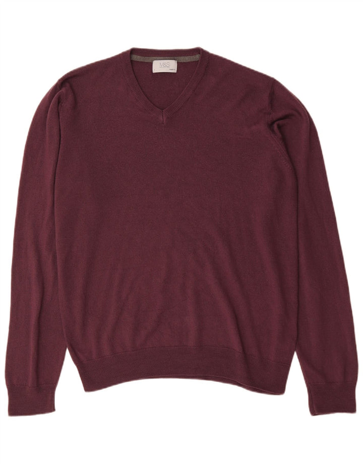 Marks & Spencer Mens Regular Fit V-Neck Jumper Sweater Large Burgundy