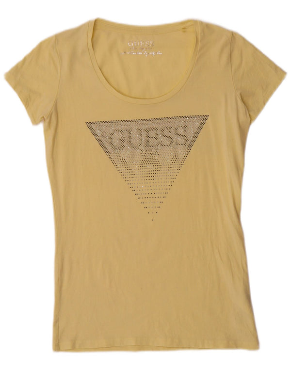 Guess Womens Graphic T-Shirt Top UK 12 Medium Yellow Cotton