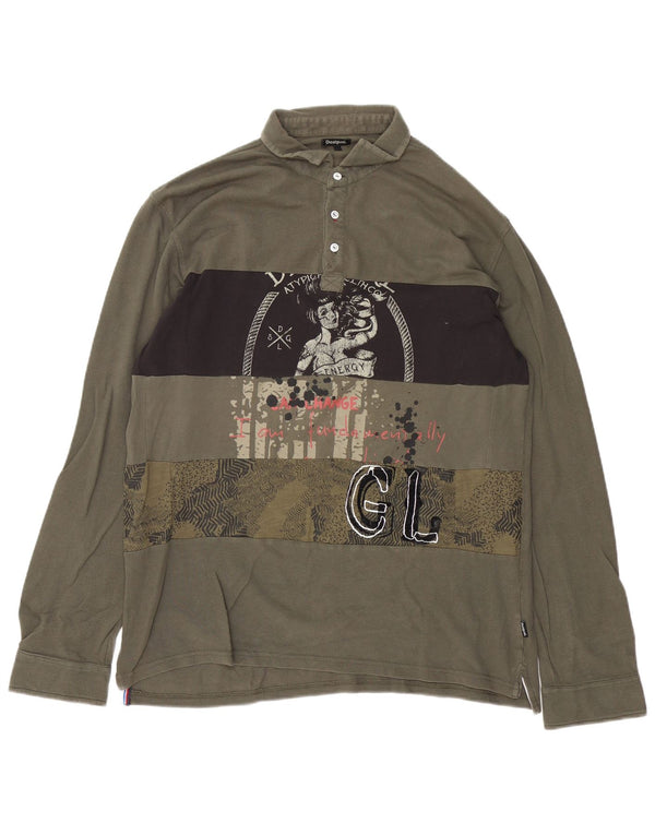 Desigual Mens Graphic Long Sleeve Rugby Polo Shirt XL Khaki Cotton