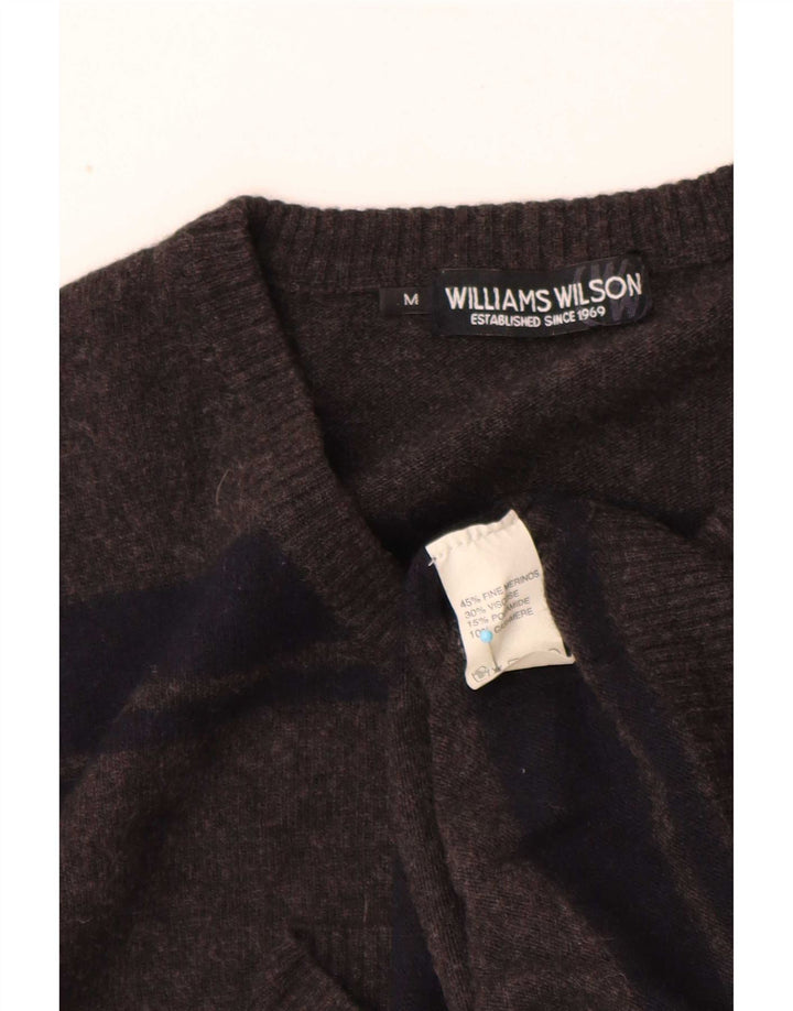 Williams Wilson Mens V-Neck Jumper Sweater Medium Grey Striped Merino Wool