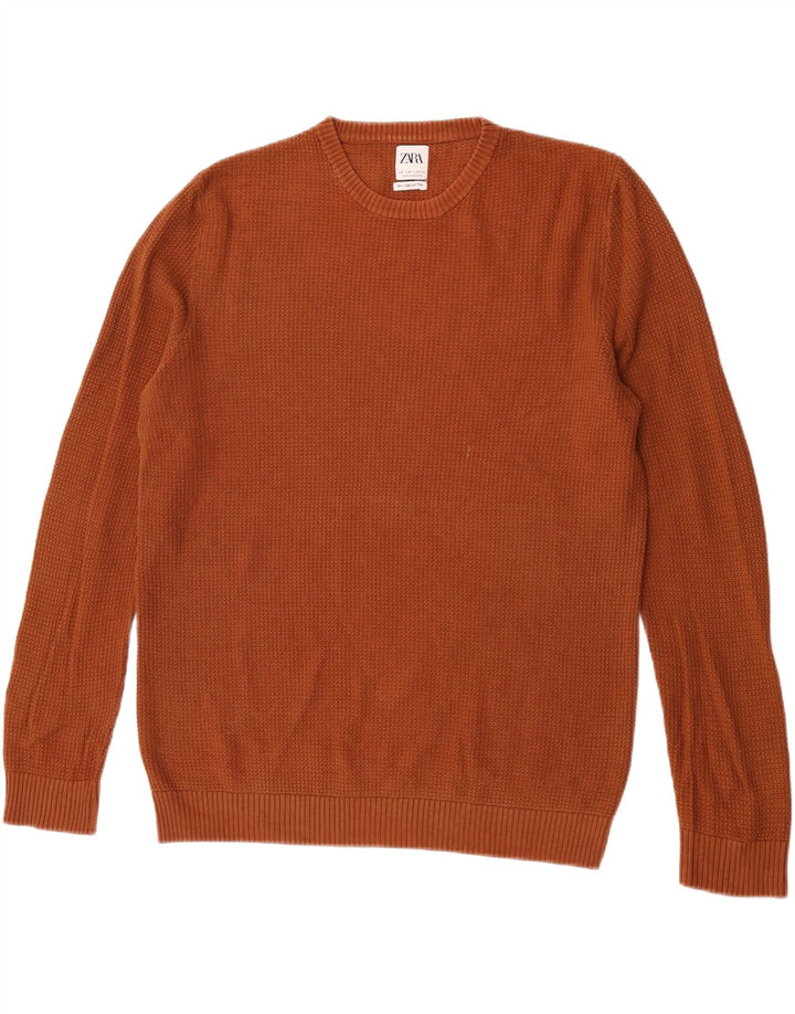 Zara Mens Crew Neck Jumper Sweater Large Brown Cotton
