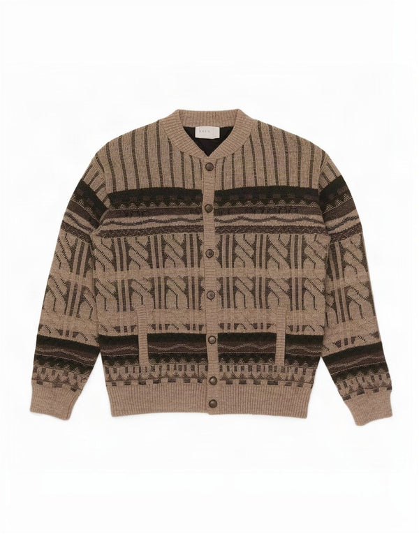 Maglione cardigan da uomo vintage IT 52 grande lana geometrica marrone