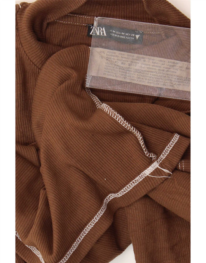 Zara Damen Crop Top 3/4 Ärmel UK 12 Mittelbraune Baumwolle