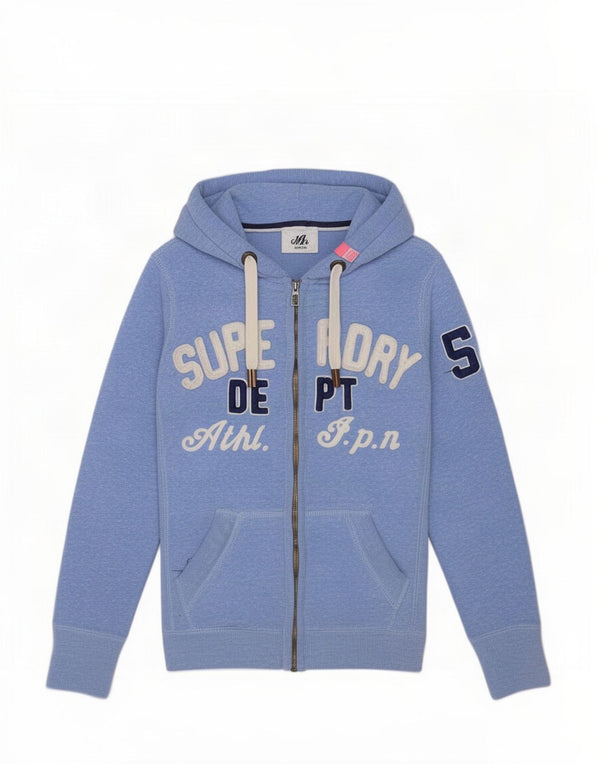 Superdry Womens Graphic Zip Hoodie Sweater UK 10 Small Blue Flecked Cotton