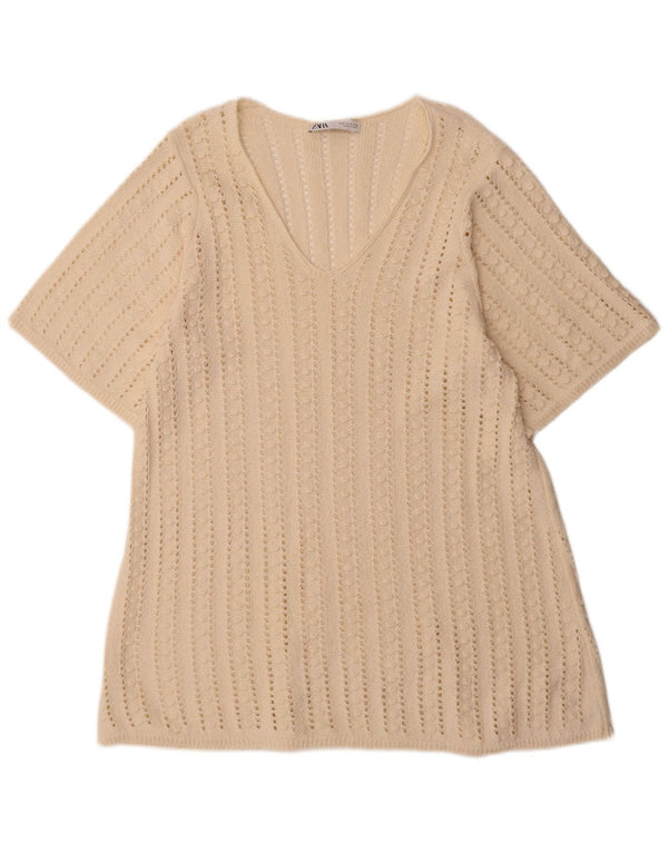 Zara kortærmet hæklet trøjekjole til kvinder UK 14 Medium Off White