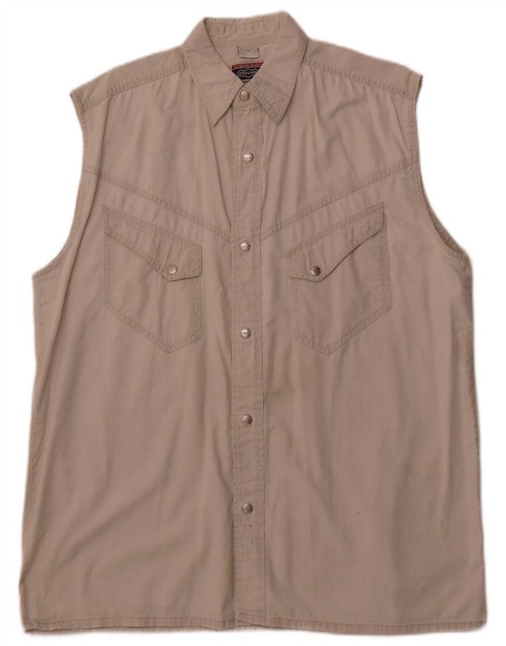 VINTAGE Mens Sleeveless Shirt Large Beige Cotton