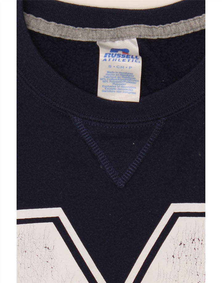 RUSSELL ATHLETIC Mens Graphic Sweatshirt Jumper Small Navy Blue Cotton Vintage Russell Athletic and Second-Hand Russell Athletic from Messina Hembry 