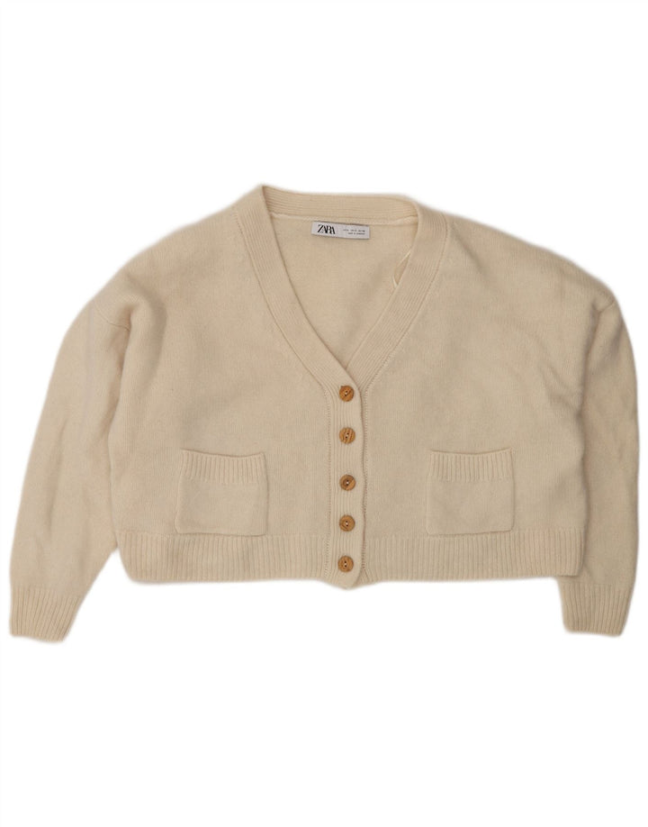 Zara Womens Crop Oversized Cardigan Sweater UK 10 Small Beige Wool
