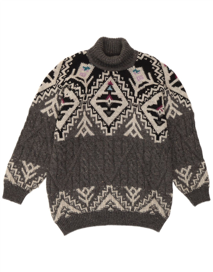 Maglione maglione vintage da donna con collo alto UK 14 lana Fair Isle grigio medio