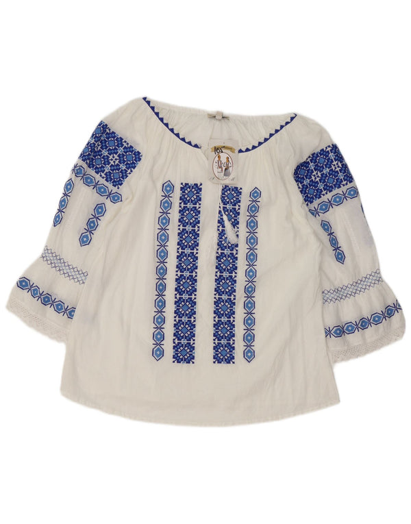 Top camicetta vintage da donna con maniche a 3/4 UK 16 grande etnico geometrico bianco