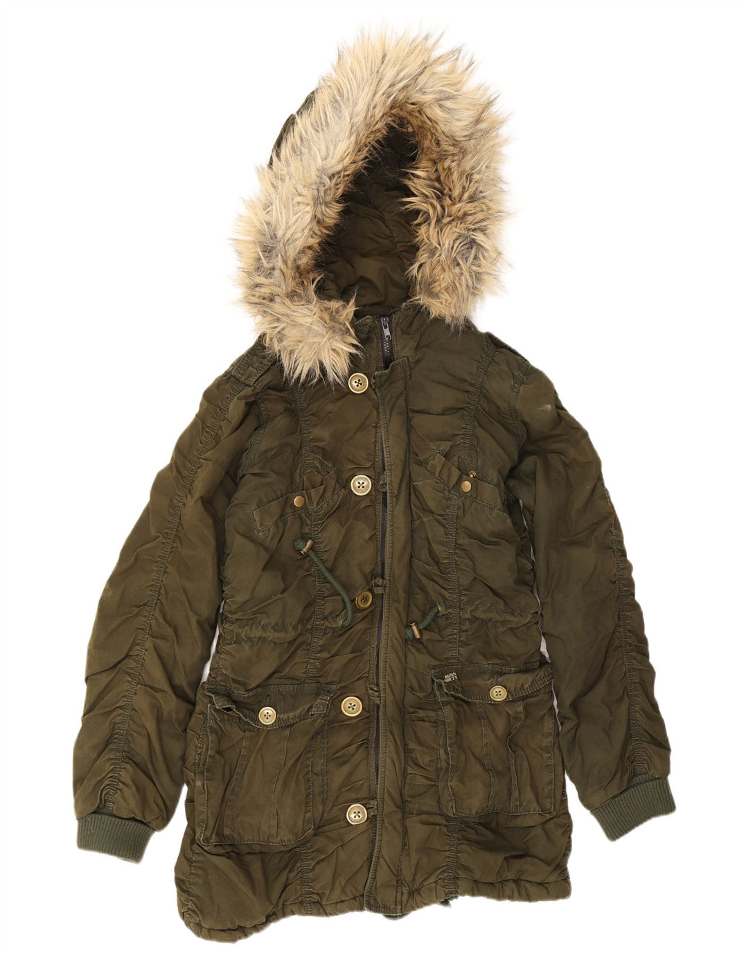 Miss Sixty Womens Hooded Parka Jacket UK 12 Medium Khaki Cotton