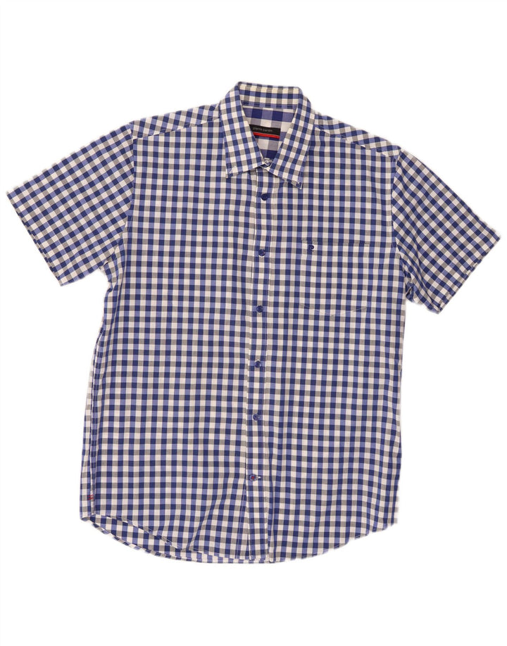 Pierre Cardin Mens Short Sleeve Shirt Medium Blue Gingham Cotton