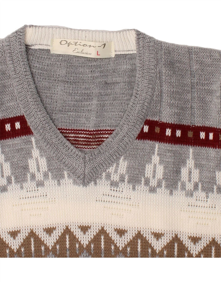 VINTAGE Mens V-Neck Jumper Sweater Large Grey Fair Isle Vintage Vintage and Second-Hand Vintage from Messina Hembry 