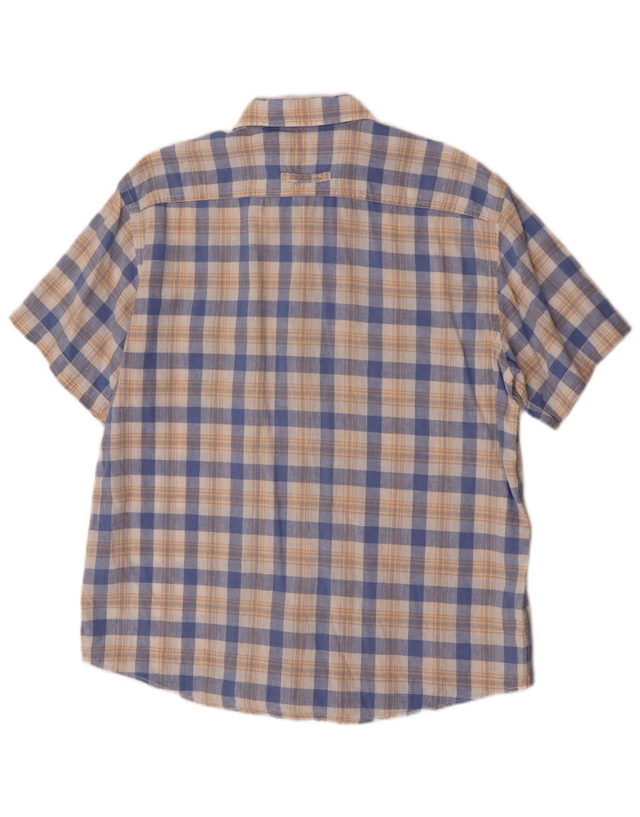 Camel Camisa masculina de manga curta grande linho xadrez azul