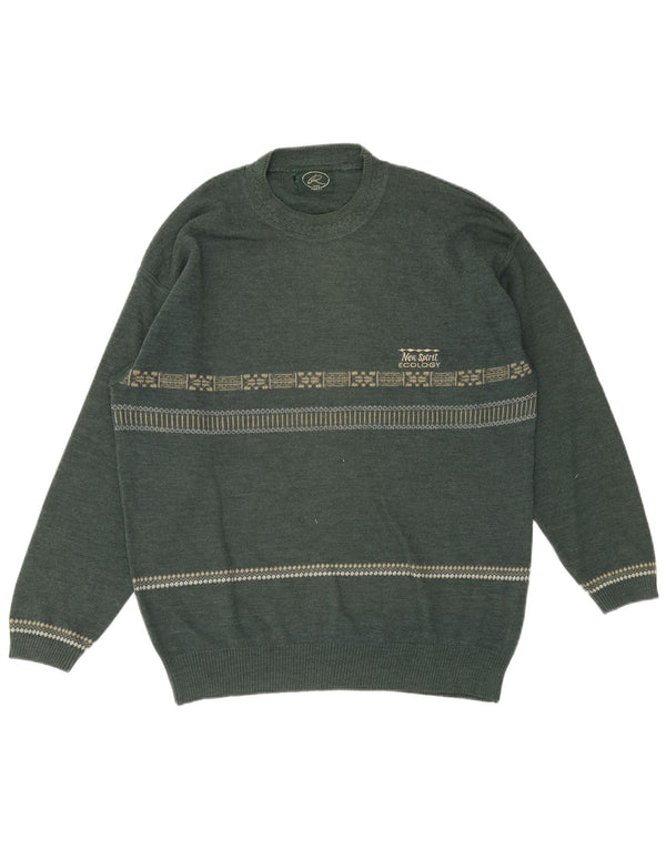vintage Mens Crew Neck Jumper Pull Moyen Vert Géométrique Laine