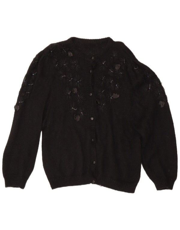 vintage Femmes Cardigan surdimensionné Pull UK 16 Grand Noir Floral