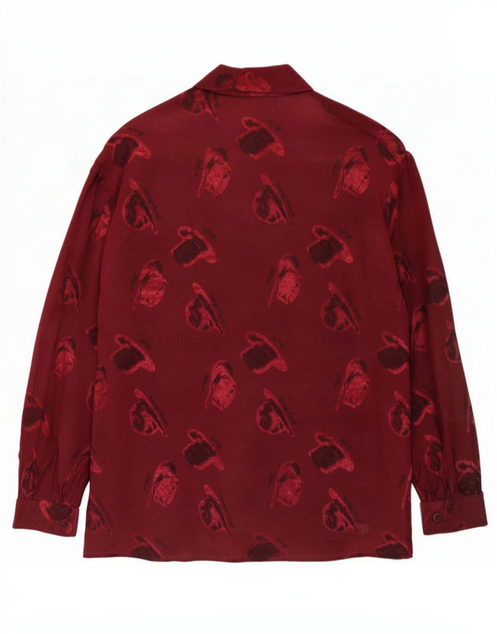 Bluză de cămașă vintage pentru femei cu model abstract, UK 14, viscoză medie burgundy