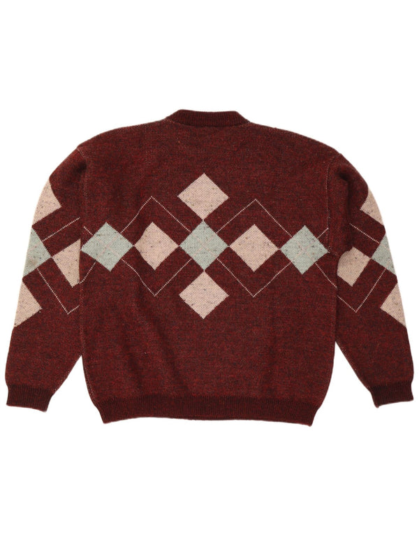 Vintage Mens Crew Neck Jumper Sweater Large Burgundy Argyle/Diamond