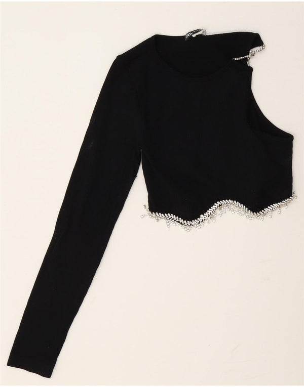 Zara Womens Crop One Shoulder Top UK 14 Large Black