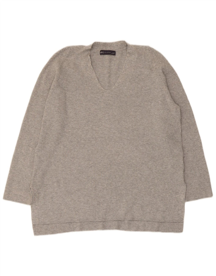 Marks & Spencer Womens V-Neck Jumper Sweater UK 14 Large Grey Viscose