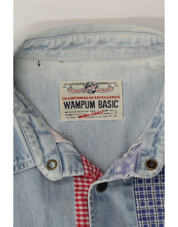 Wampum Mens Sleeveless Denim Shirt Large Blue Patchwork