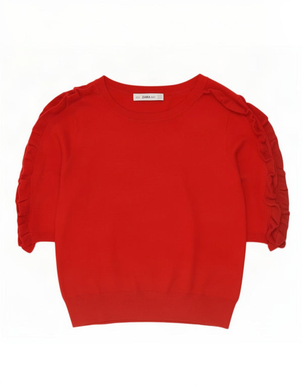 Zara Femme Pull à Manches 3/4 Col Bateau UK 10 Petit Viscose Rouge