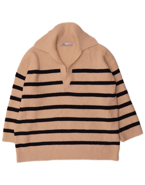 Maglione oversize con collo a polo oversize da donna Zara UK 16 a righe grandi beige