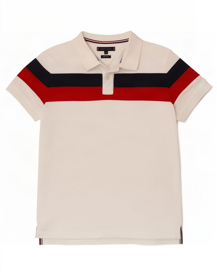 Tommy Hilfiger Mens Regular Fit Polo Shirt Medium White Colourblock Cotton