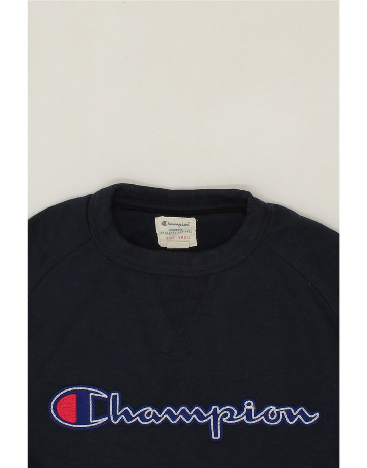 CHAMPION Mens Graphic Sweatshirt Jumper Small Navy Blue Cotton Vintage Champion and Second-Hand Champion from Messina Hembry 