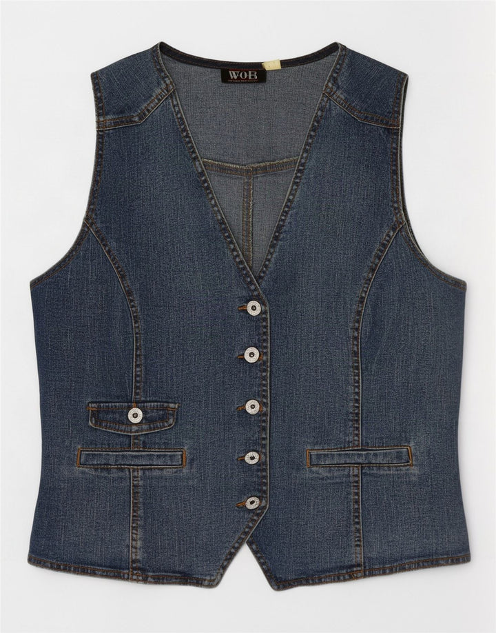 Vintage Womens Denim Waistcoat EU 42 Large Blue Cotton