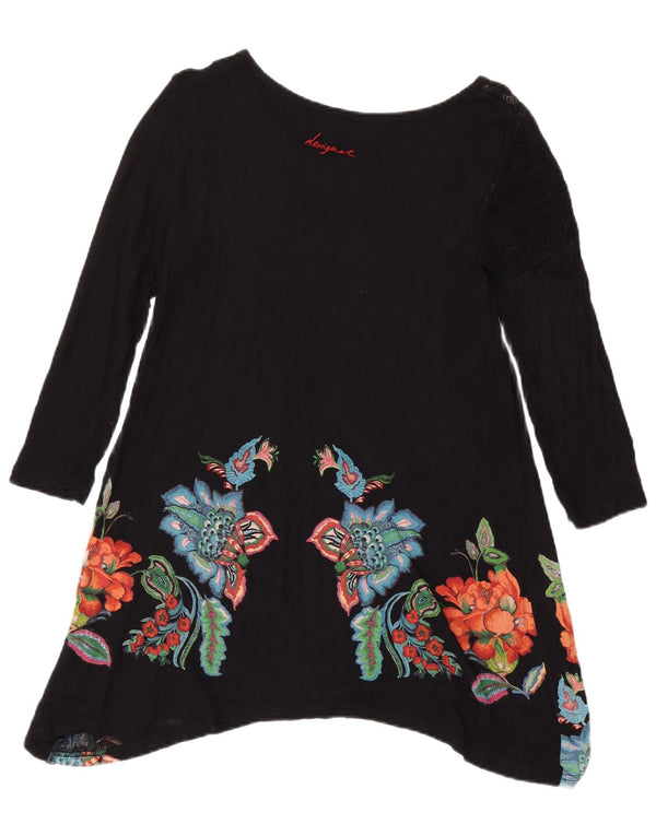 Desigual Dame Langærmet Tunika Top UK 12 Medium Black Floral Bohemian