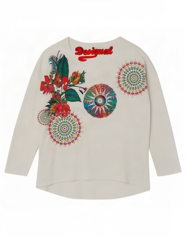 Desigual Mujer Gráfico Top Manga Larga UK 40 Grande Blanco