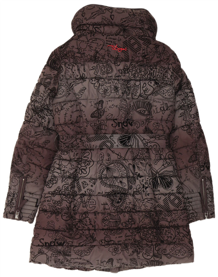 Desigual Womens Hooded Padded Coat EU 38 Medium Black Floral Polyester