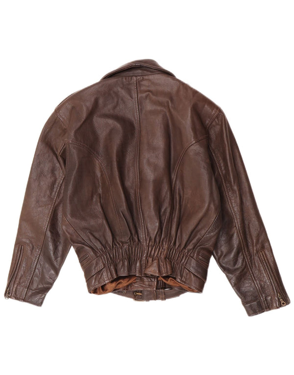 Vintage Womens Oversized Leather Biker Jacket UK 6 XS Brown Leather