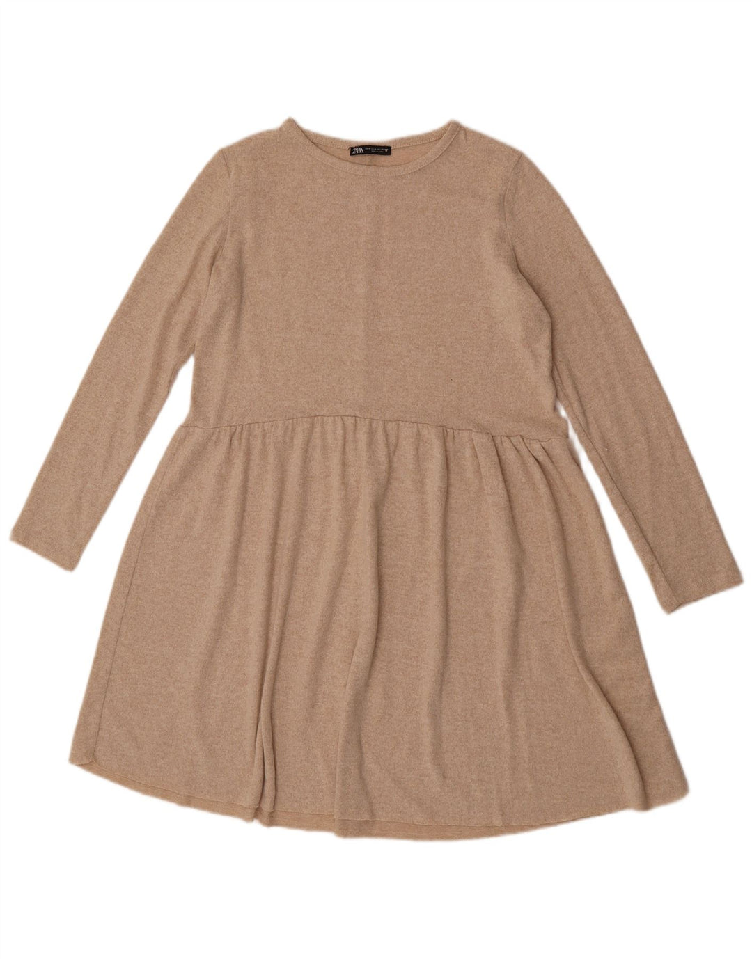 Zara Womens Long Sleeve A-Line Dress UK 12 Medium Beige Flecked Polyester