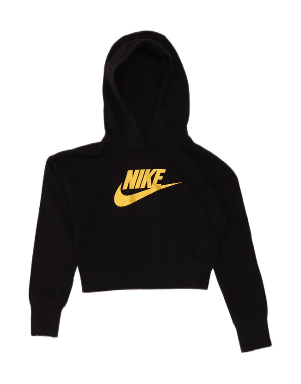 Nike Girls Graphic Crop Hoodie Jumper 10-11 Years Medium Black Cotton