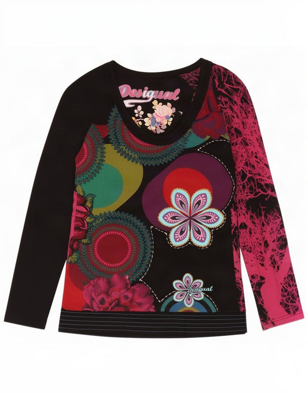 Desigual Donna Graphic Top Manica Lunga UK 12 Medio Nero Floreale Cotone