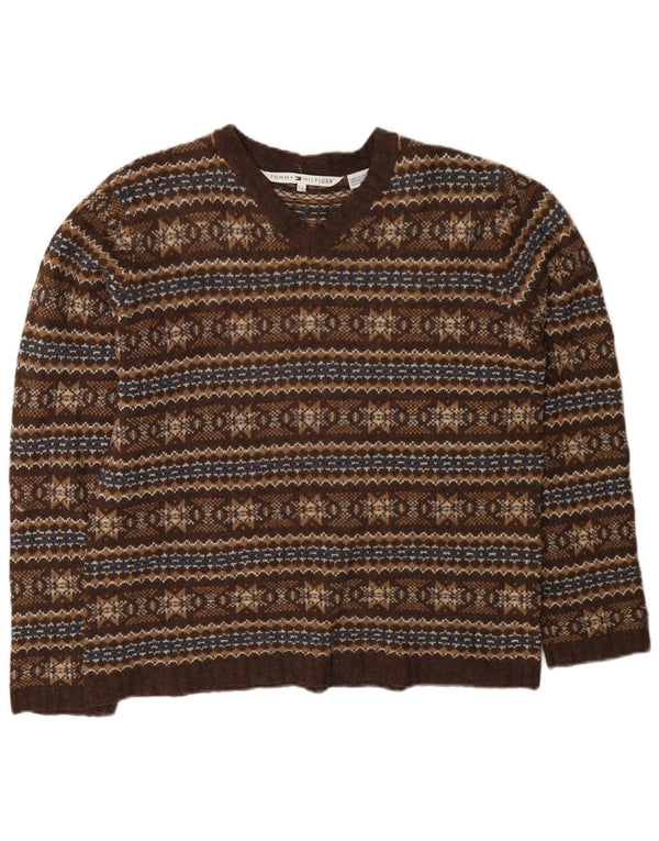 Tommy Hilfiger Dame V-hals sweater UK 14 Large Brown Fair Isle