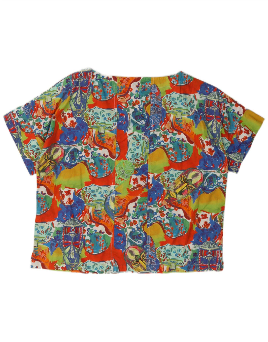Vintage Womens Graphic Blouse Top UK 14 Medium Multicoloured Floral Cotton
