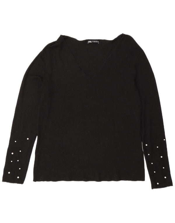 Zara Womens V-Neck Jumper Sweater UK 18 XL Black Spotted Viscose