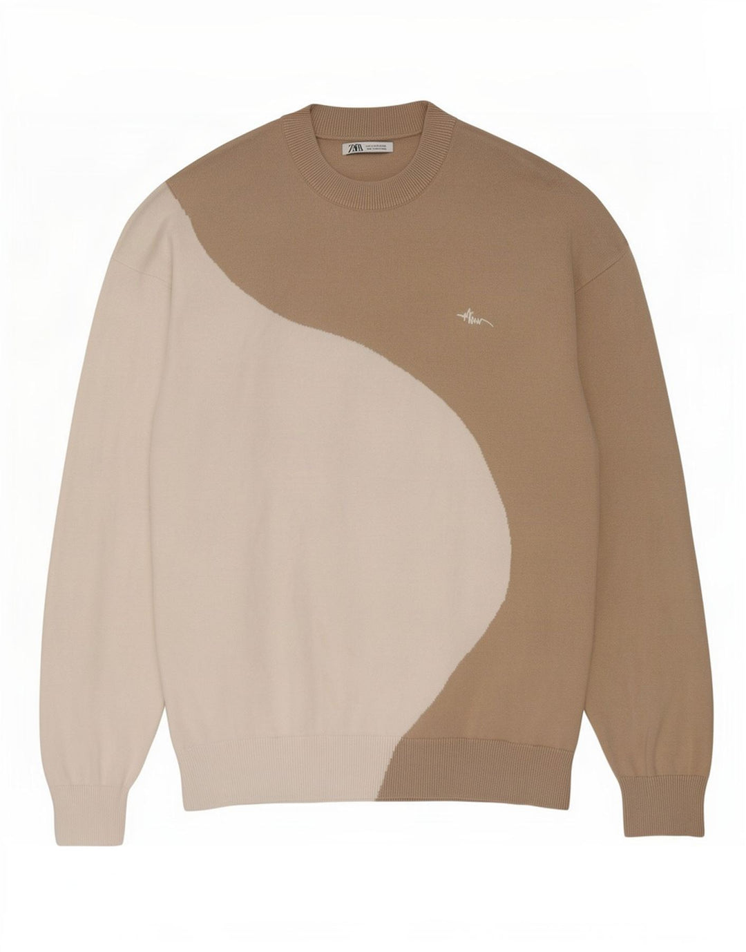 Zara Mens Crew Neck Jumper Sweater Medium Beige Colourblock Cotton
