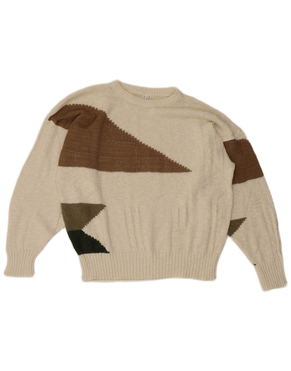 Vintage Mädchen Pullover mit Rundhalsausschnitt, 13–14 Jahre, weiße geometrische Baumwolle